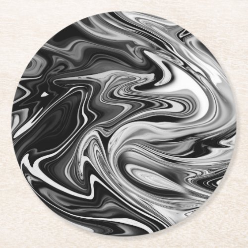 Elegant Marble 7 _ Liquid Black and White Round Paper Coaster