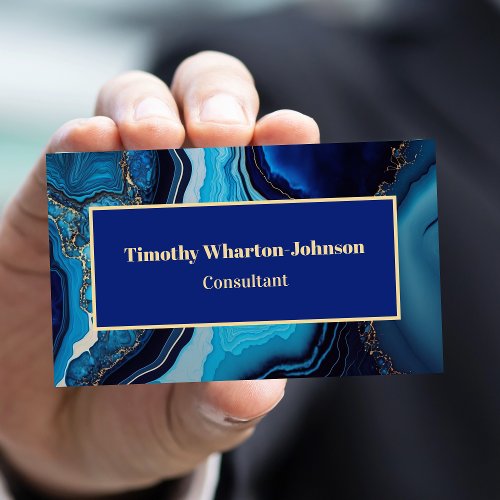 Elegant Marble Agate Dark Blue Gold Swirl Business Card