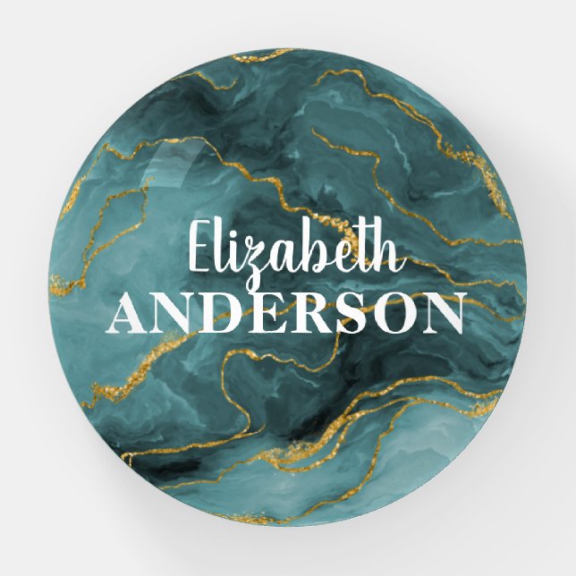 Elegant Marble Agate Monogram Name Paperweight (Front)