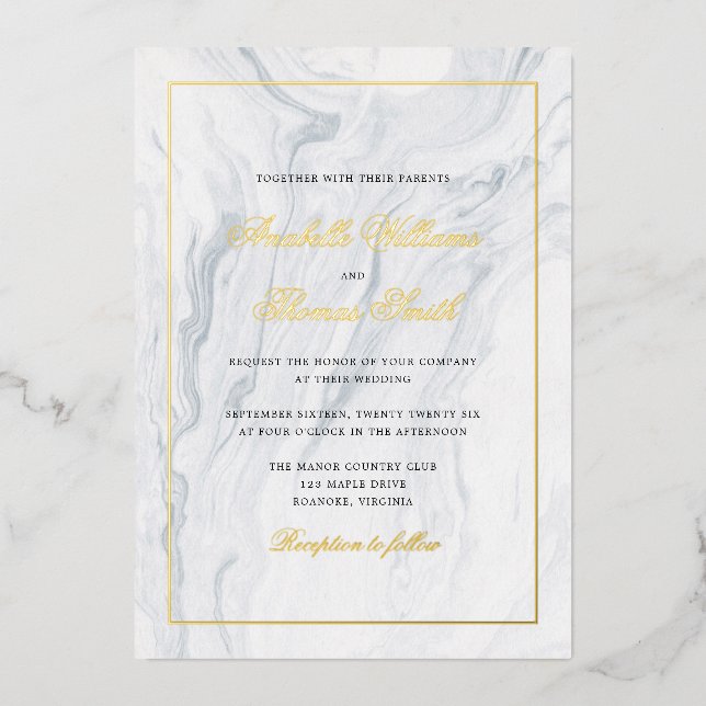 Elegant Marble and Gold Wedding Foil Invitation (Front)