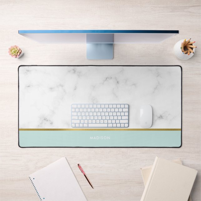 Elegant Marble and Mint Pattern Personalized Desk Mat (Office 1)