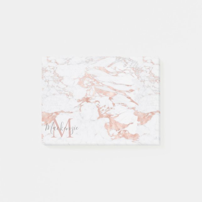Elegant Marble and Rose Gold Foil Monogram Post-it Notes (Front)