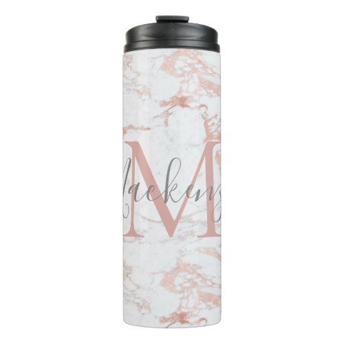 Elegant Marble and Rose Gold Foil Monogram Thermal Tumbler