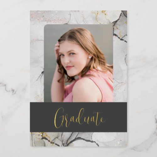 Elegant Marble and Script Graduation Photo Foil Invitation