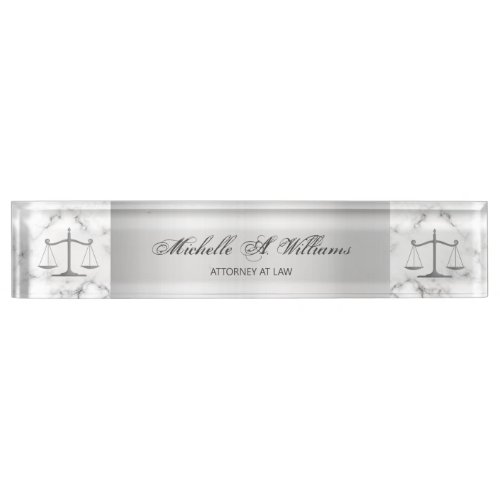 Elegant Marble and Silver Scales of Justice Lawyer Desk Name Plate