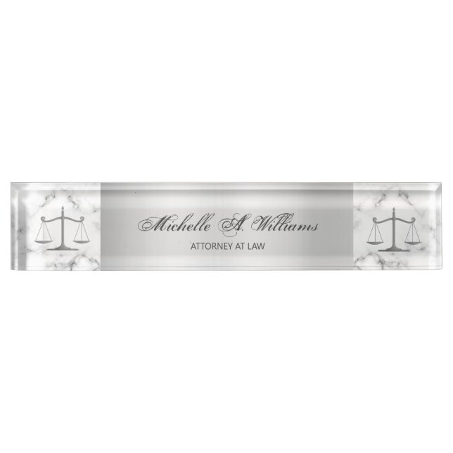 Elegant Marble and Silver Scales of Justice Lawyer Desk Name Plate (Front)