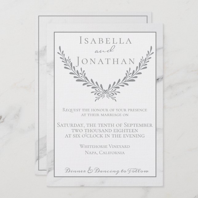 Elegant Marble and Wreath Wedding Invitation (Front/Back)