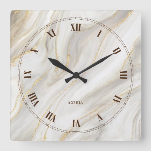 Elegant Marble Background Gold Glitter Simple Text Square Wall Clock