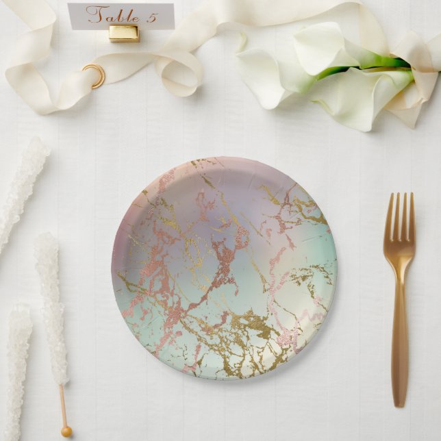 Elegant Marble | Beige Mint Sage Green Rose Gold Paper Plates (Wedding)