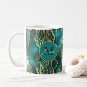 Elegant Marble Beige Turquoise Blue Teal Monogram Coffee Mug