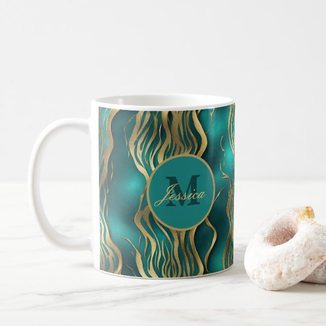 Elegant Marble Beige Turquoise Blue Teal Monogram Coffee Mug (With Donut)