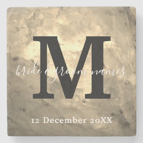 Elegant Marble Black and White Monogram Wedding    Stone Coaster