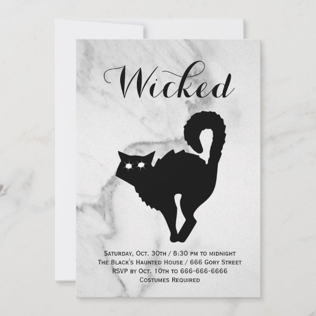 Elegant Marble Black Cat Halloween Costume Party Invitation (Front)