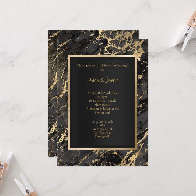 ELEGANT MARBLE BLACK GOLD METALLIC WEDDING  INVITATION (Front/Back In Situ)
