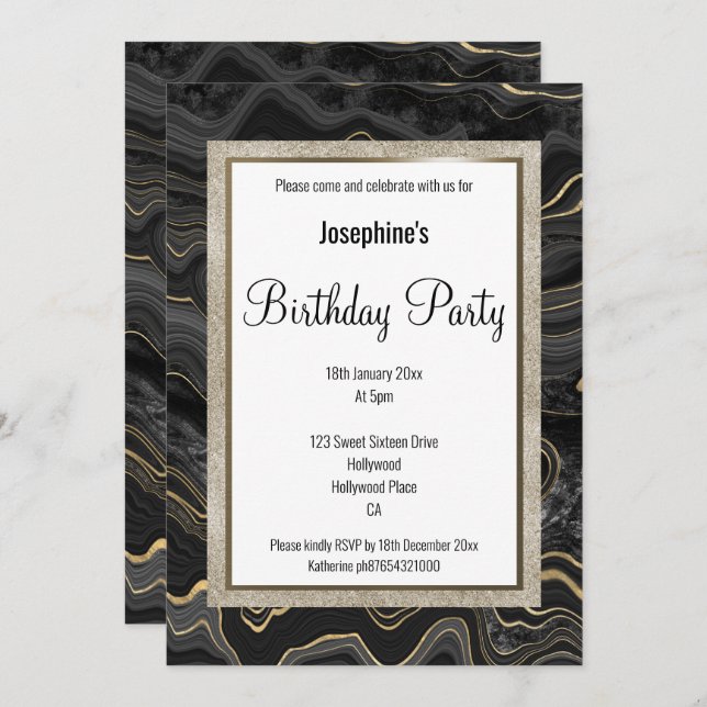 ELEGANT MARBLE BLACK GOLD PATTERN BIRTHDAY INVITATION (Front/Back)