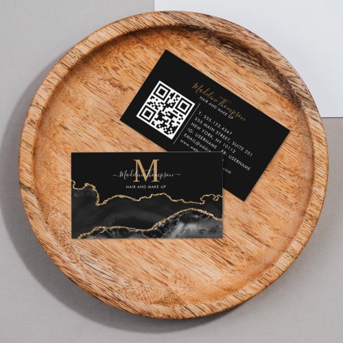 Elegant Marble Black Gold Photo QR Code Monogram Business Card