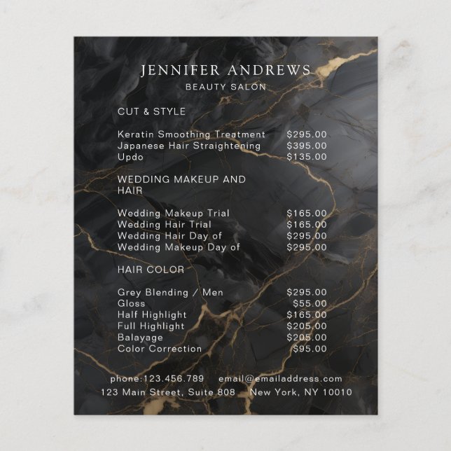 Elegant Marble Black-Gold Salon Pricelist Flyer (Front)