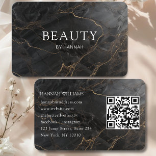 Elegant Marble Black-Gold Salon QR Code Business Card