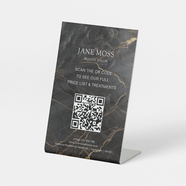 Elegant, Marble-Black-Gold, Salon, QR-Code Pedestal Sign (Front)
