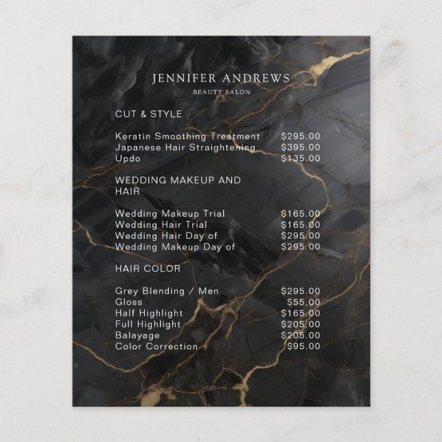 Elegant Marble Black-Gold Salon Qr Code Pricelist Flyer (Front)