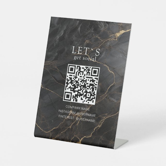 Elegant Marble-Black-Gold Salon Social Media Pedestal Sign (Front)