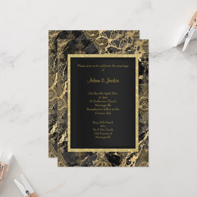 ELEGANT MARBLE BLACK GOLD VINTAGE WEDDING  INVITATION (Front/Back In Situ)