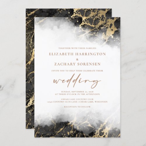 Elegant Marble Black Gold Wedding Invitation