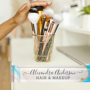 Elegant Marble Blue and White Agate Gold Glitter Desk Name Plate