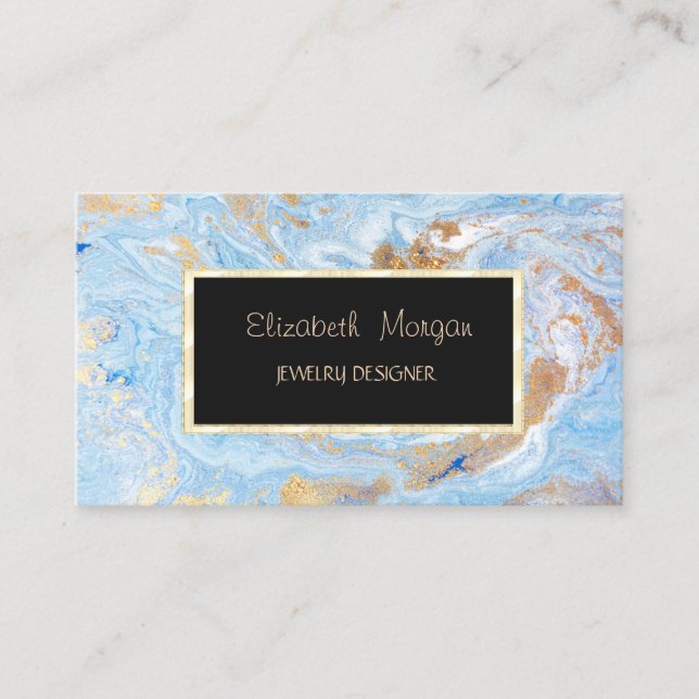 Elegant Marble,Blue Gold Frame Jewelry Designer Business Card (Front)