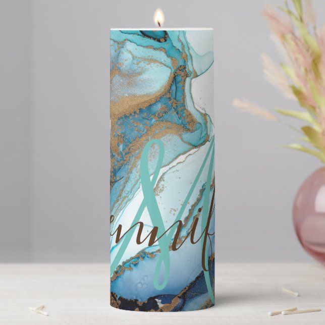 Elegant Marble Blue Turquoise Blush Monogram Name Pillar Candle (In Situ)