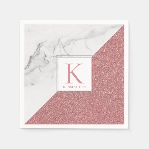 Elegant Marble Blush Pink Glitter Monogram Napkins