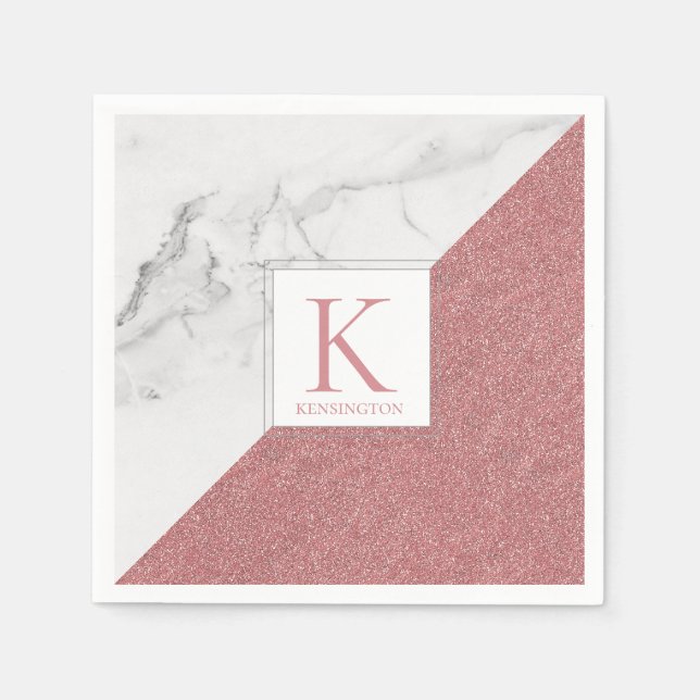 Elegant Marble Blush Pink Glitter Monogram Napkins (Front)