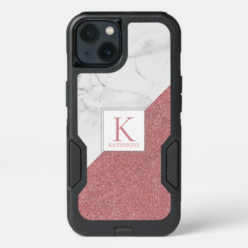 Elegant Marble Blush Rose Gold Glitter Monogram iPhone 13 Case