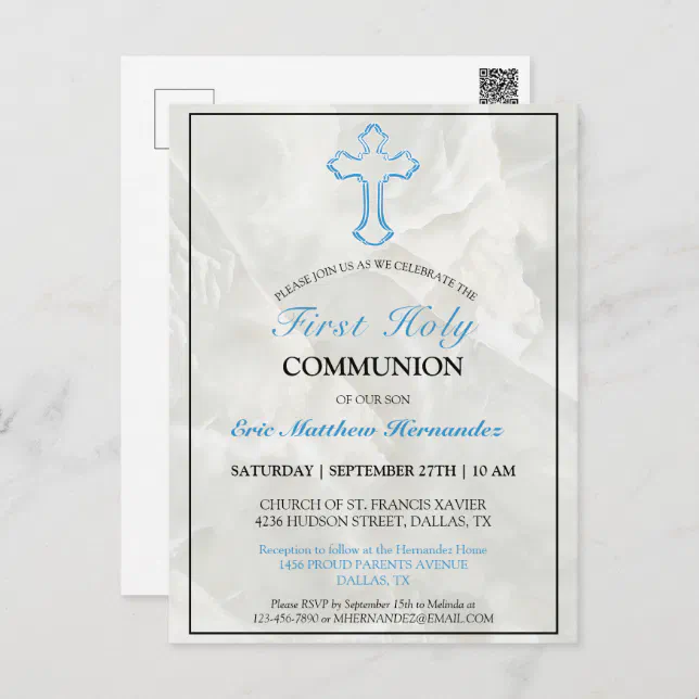 Elegant Marble Boys 1st Holy Communion Invitation Postcard | Zazzle