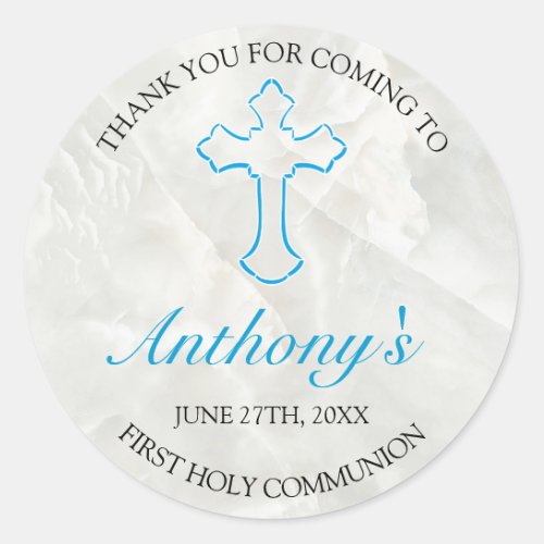 Elegant Marble Boys First Holy Communion Thankyou Classic Round Sticker