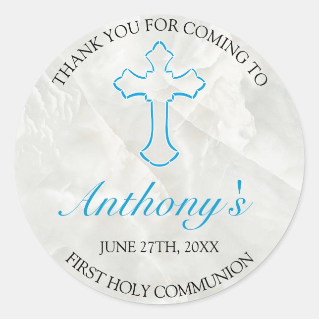 Elegant Marble Boys First Holy Communion Thankyou Classic Round Sticker (Front)