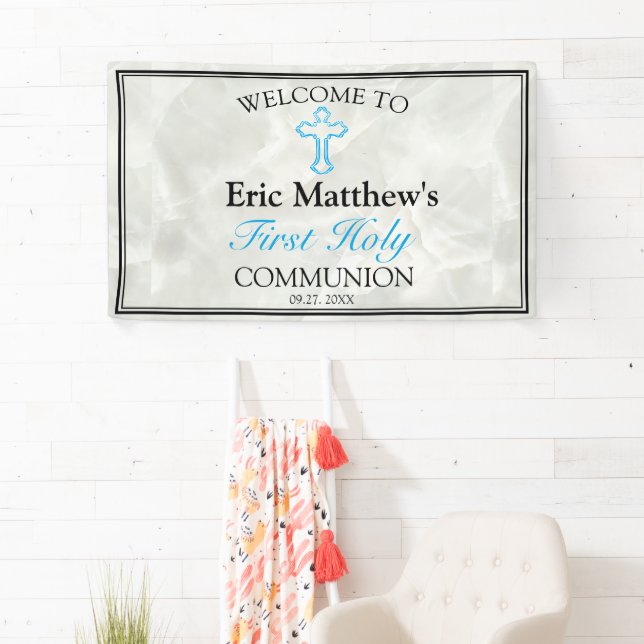Elegant Marble Boys First Holy Communion Welcome Banner (Insitu)