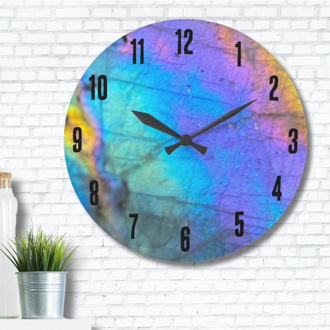 Elegant Marble Colorful Large Clock (Trendy Modern Rainbow Labradorite Crystal Stone Large Clock)