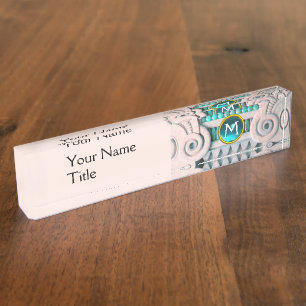 ELEGANT MARBLE COLUMN,PINK BLUE GEM STONE MONOGRAM DESK NAME PLATE