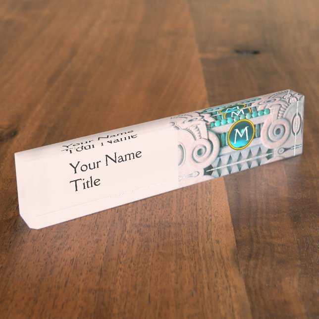 ELEGANT MARBLE COLUMN,PINK BLUE GEM STONE MONOGRAM DESK NAME PLATE (Side)