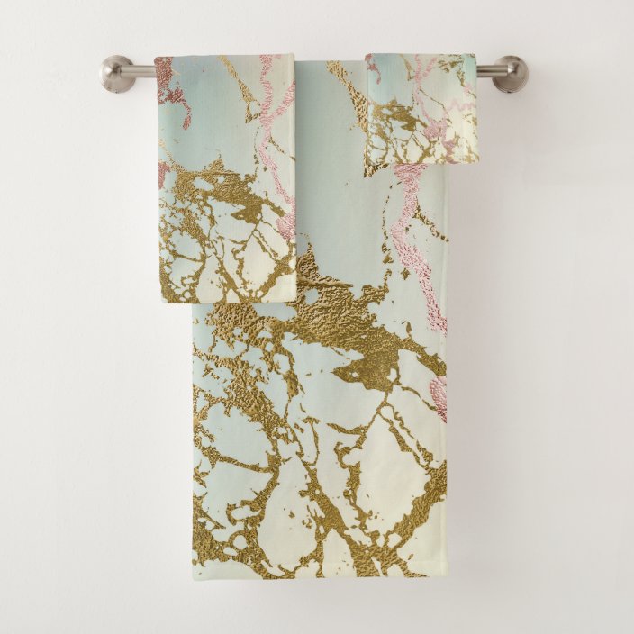 Elegant Marble Copper Sage Mint Green Rose Gold Bath Towel Set