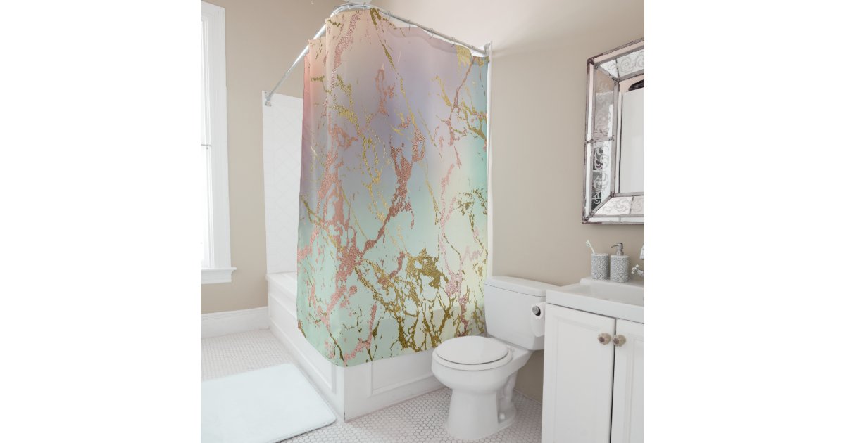 Elegant Marble Copper Sage Mint Green, Rose Gold Shower Curtains