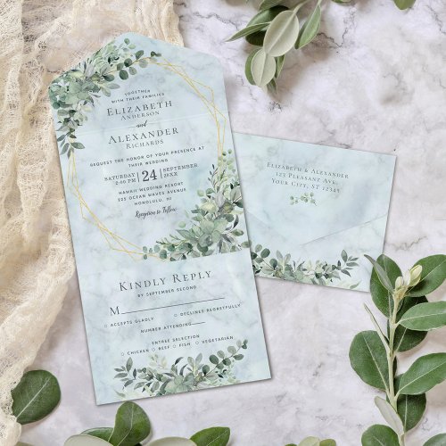 Elegant Marble Eucalyptus Dusty Blue Wedding All In One Invitation