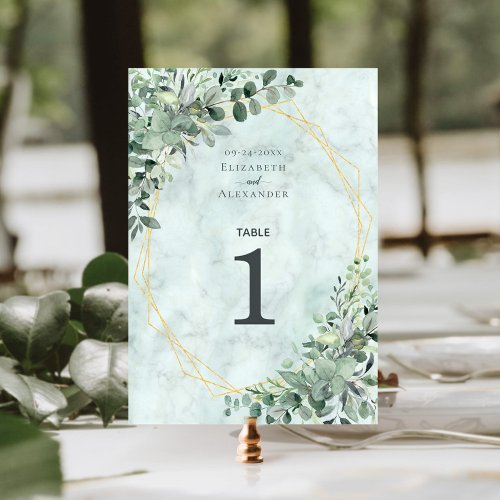 Elegant Marble Eucalyptus Geometric Wedding  Table Number
