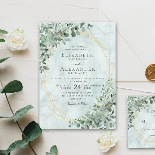Elegant Marble Eucalyptus Greenery Gold Wedding Invitation