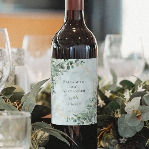 Elegant Marble Eucalyptus Greenery Gold Wedding Wine Label