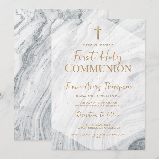 Elegant Marble First Holy Communion Gold Cross  Invitation (Front/Back)