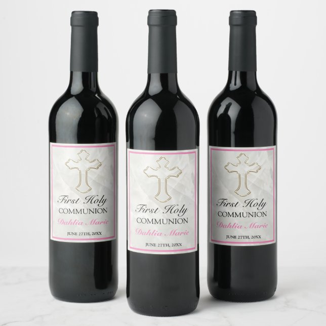 Elegant Marble Girls First Holy Communion Wine Lab Wine Label (Bottles)
