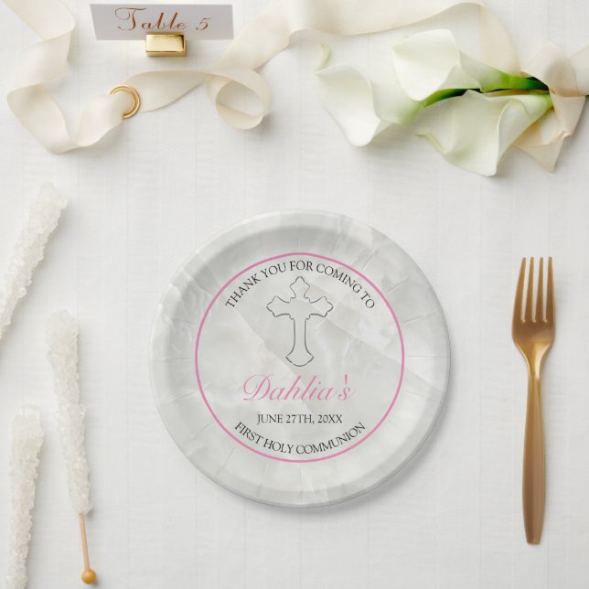 Elegant Marble Girls Pink First Holy Communion Paper Plates (Wedding)