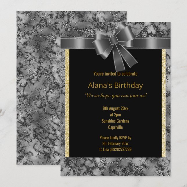 ELEGANT MARBLE GLITTER GOLD BLACK BOW INVITATION (Front/Back)